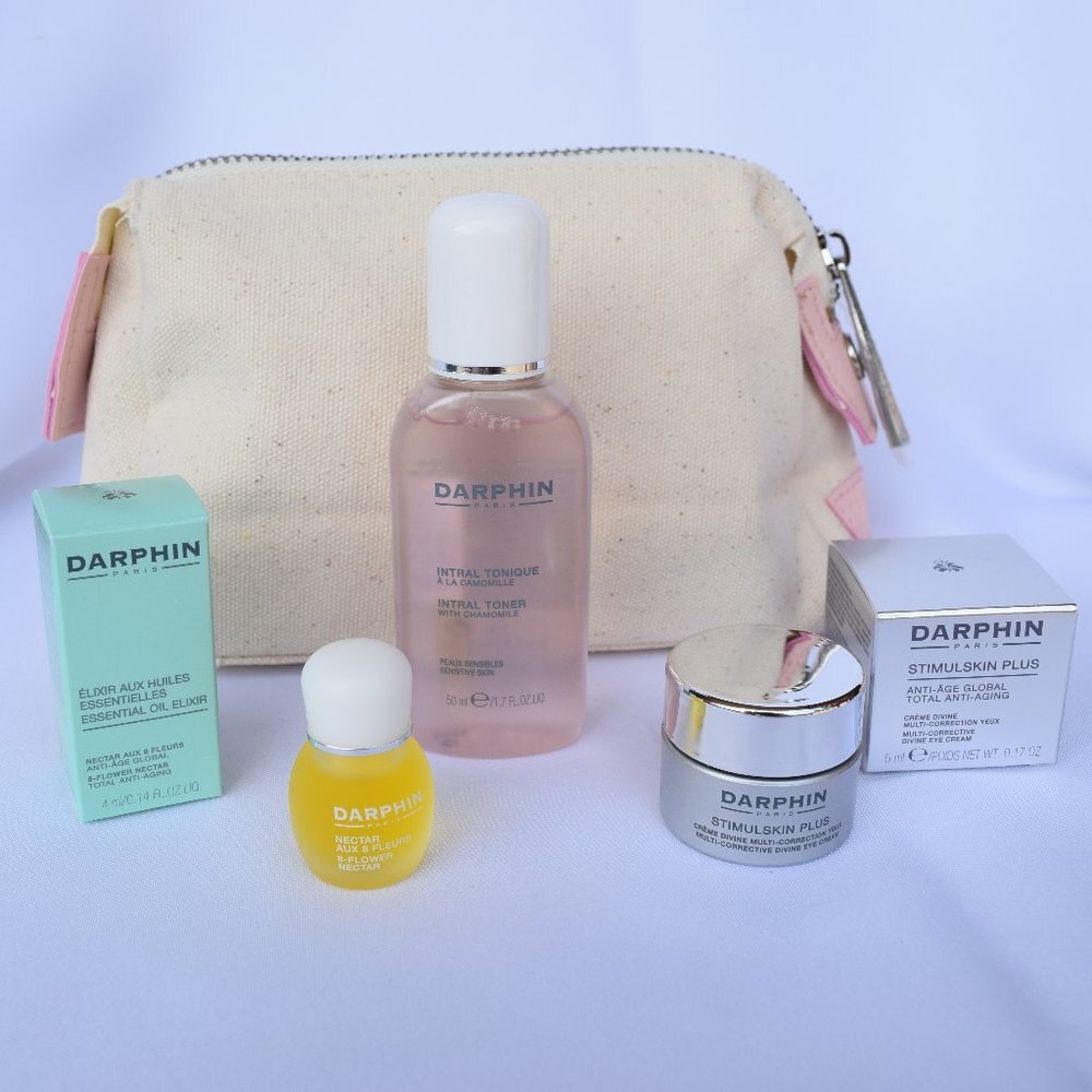 DARPHIN Skincare Gift Set-Blush Pouch,Face Toner,Essential Oil,Eye Cream-4pc-NEW